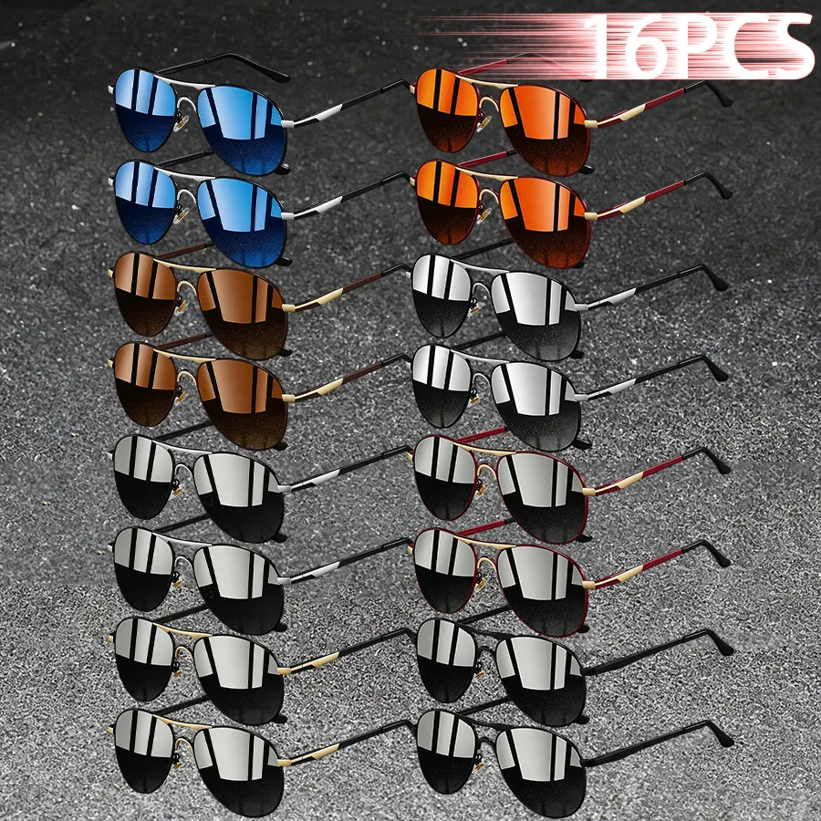 16PCS Vintage Designer Pilot Eyewear Oversized Frame Unisex Fashion Sunglasses For Outdoor Fishing Driving Travel and Vacations