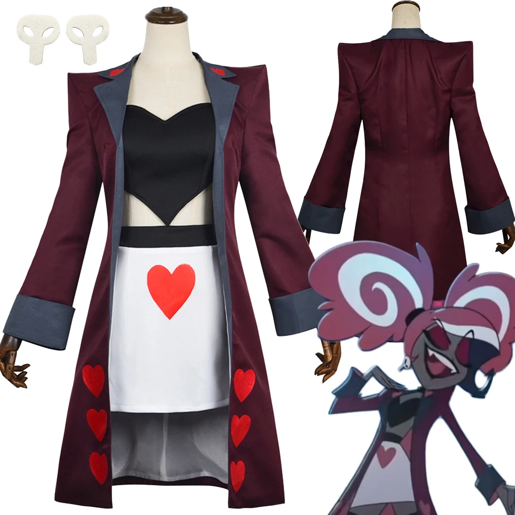 2025 Hell Inn Velvette Cosplay Red Coat Black Heart Top Costume Uniform Outfits Adult Women Clothes Set Halloween Carnival Party