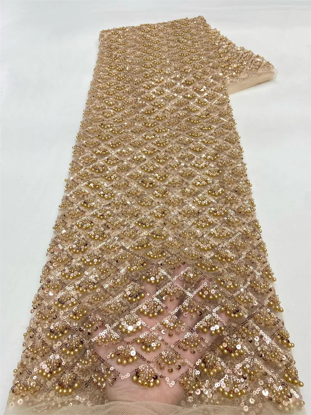 High Quality Red African French Mesh Lace Fabric Beaded Tulle Sequin for Nigerian Women Evening Party Nigeria Style 2025 Hm9-1