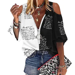 Kurzarm von Frauen aus der Schulter, lässige Bluse, Zipper, V V, lose Kleider t -Shirt, Frauenhemd, Sommerkleidung 12 Hauptverkaufsbluse Reißverschluss - №7