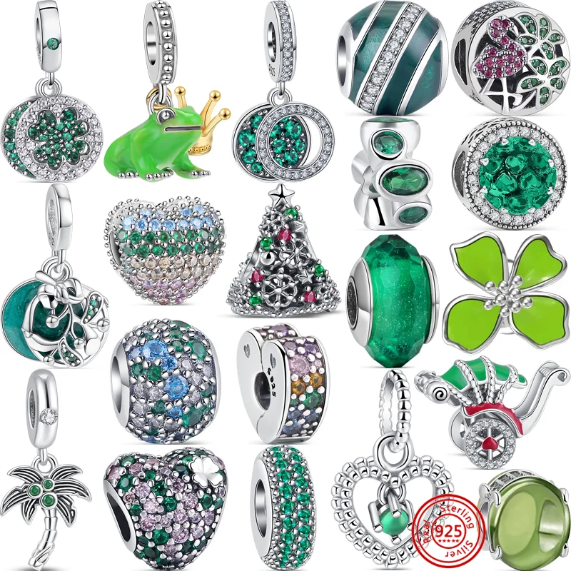 

New Green Flowers Tree Clover Frog Heart Sparkling Silver 925 Beads Fit Original Pandora Charms Bracelet DIY Jewelry Accessories