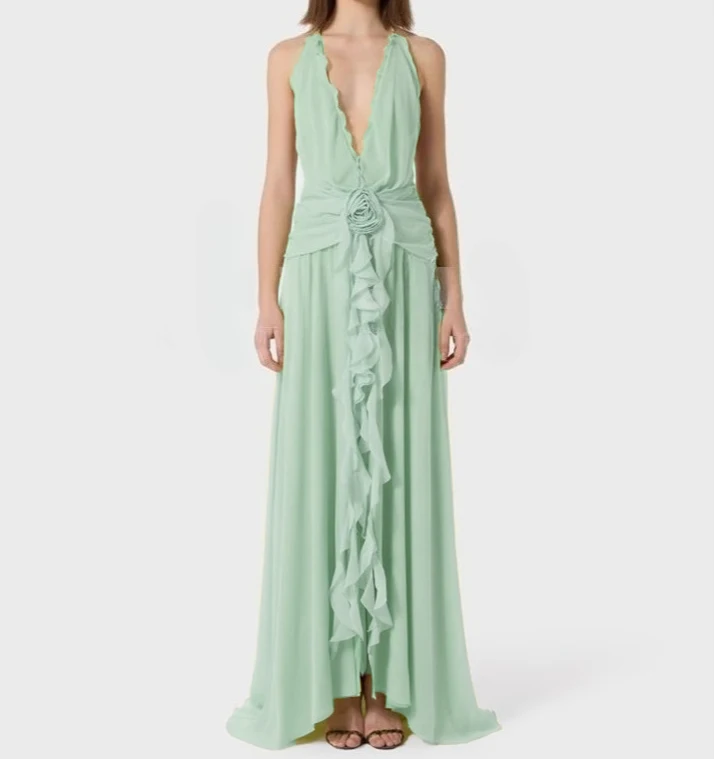 

Зеленое платье с рюшами и глубоким V-образным вырезом, женское элегантное шифоновое платье без рукавов для летних каникул, женская уличная одежда, шикарные облегающие платья