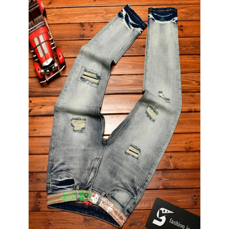 

Vintage Retro Jeans for Men, Light Luxury Fashion Printed Ripped Slim Fit Trendy American Style Stretch Pants