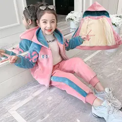 New Winter Keep Warm Girls Clothing Set Padded Lining With Plush Velent Hooded Jacket+Pants 2pcs Suit For 3-12 Years Kids