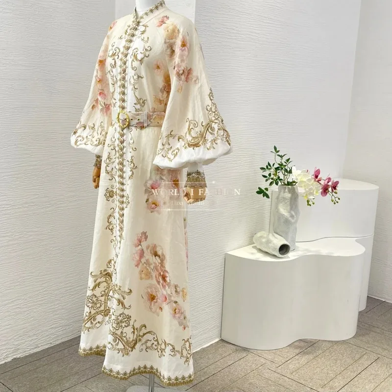 جديد البيج الحرير قطع الأبيض الأزهار طباعة فانوس كم الماس الدانتيل متابعة المرأة ميدي اللباس #5