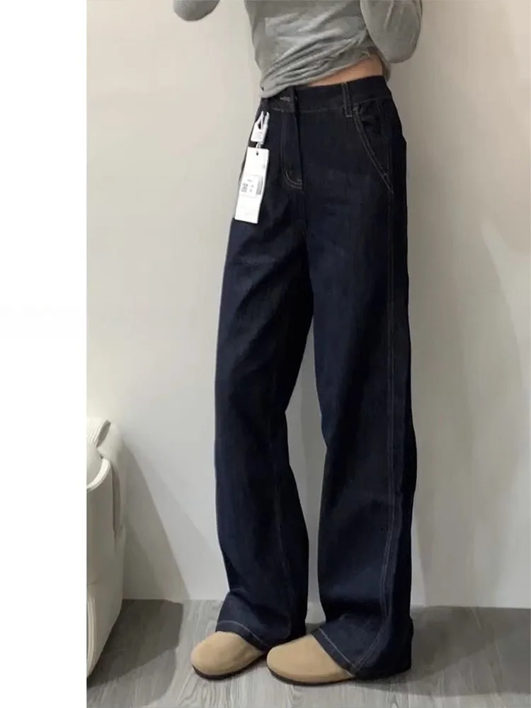 

Deep Blue Wide Leg Denim Jeans Women's Summer New plus Size Loose High Waist Straight Leg Pants Casual Sle High Waist