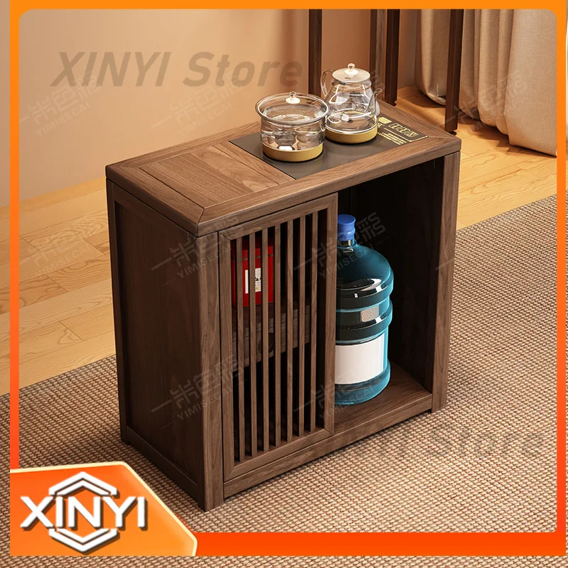 Solid Wood Chinese Style Tea Cabinet with Door and Drawer for Storage Tea Side Table with Sliding Door Kettle Holder