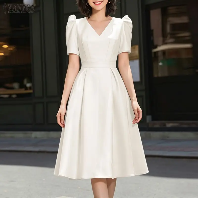 ZANZEA Elegantes Damen-Midikleid aus seidigem Satin mit V-Ausschnitt, kurzen Puffärmeln und tailliertem Schnitt, für Hochzeitsgäste, Cocktailparty, Robe Femme