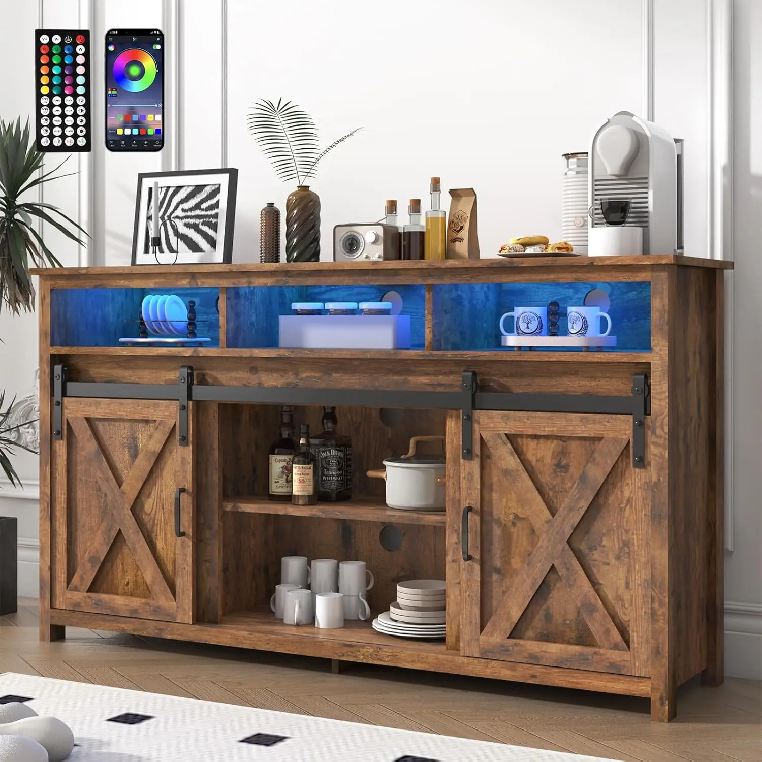 Armoire de Rangement Rustique avec Prise de Courant, Buffet de Bar à Café de Ferme avec Rangement