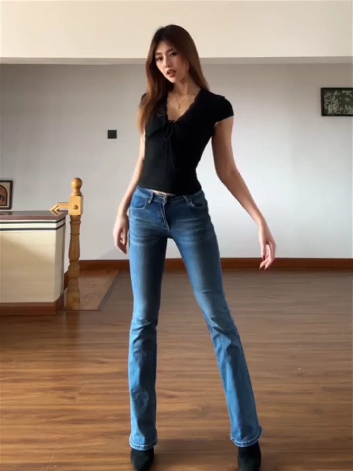 Retro American Spicy Girl Low Waist Bell Bottom Jeans Women Summer Slimming Tall Extended Straight Leg Pants Casual Cotton