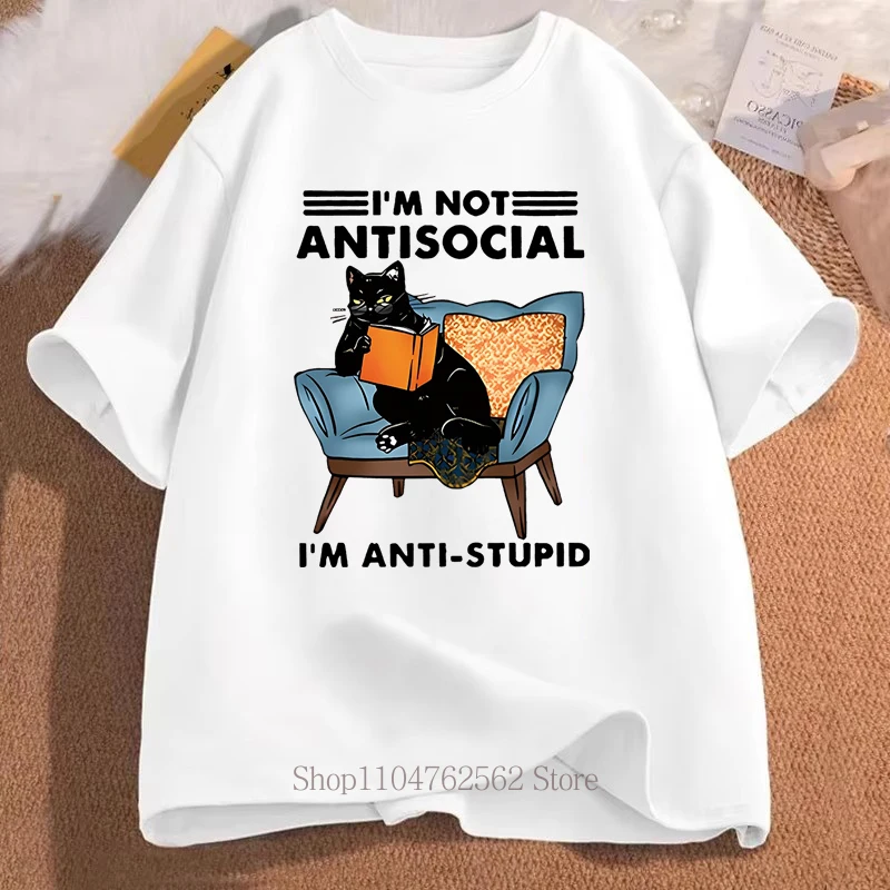 Lazy Cat Sofa Alphabet Print T-Shirt Summer Casual Fashion Funny Meme Comfortable O-Neck Short Sleeve Tops for Women T-shirts