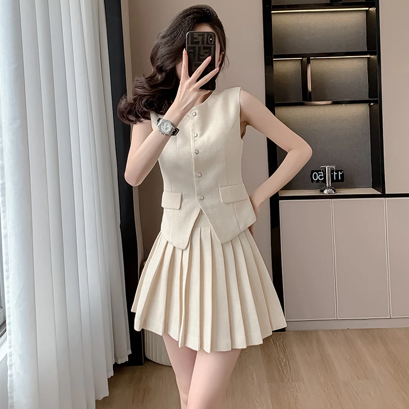 High Quality New Spring Summer Small Fragrant Two Piece Set Women Outfit Short Vest Top + Pleated Mini Skirt 2 Piece Sets