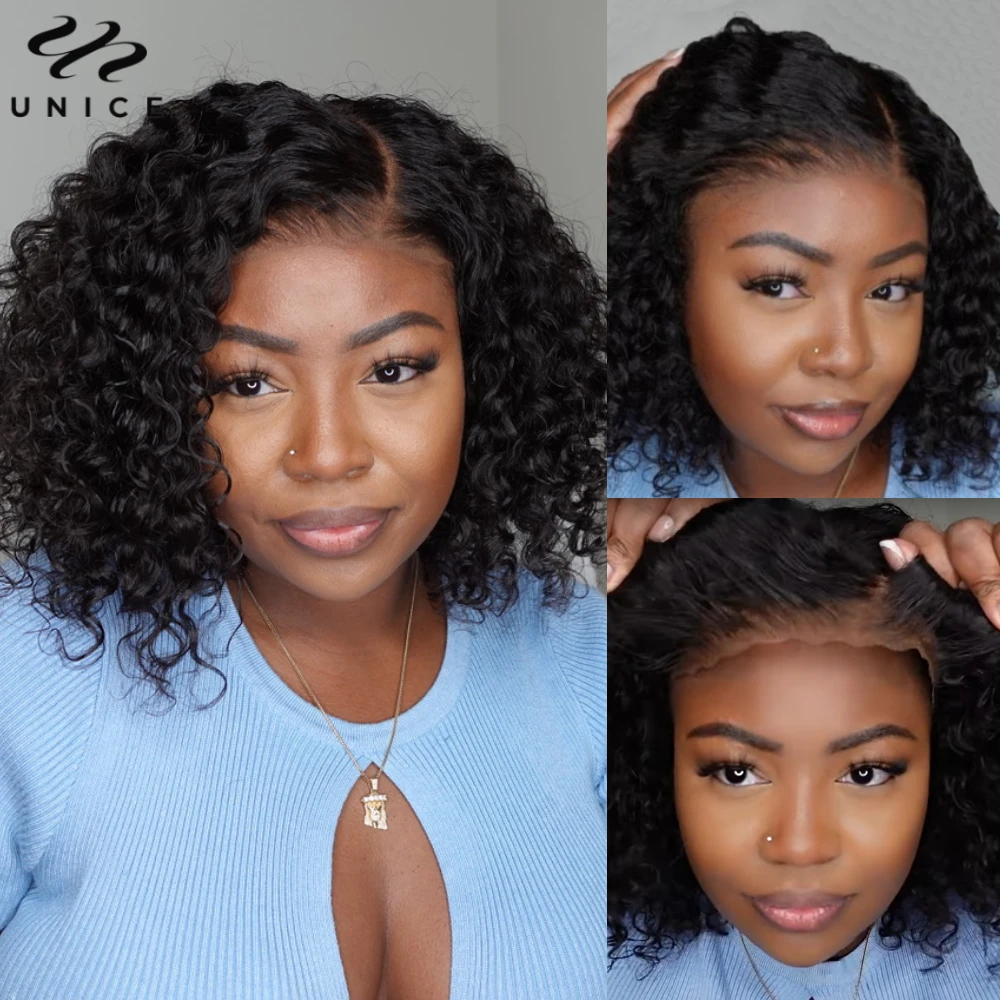 

Unice Hair Side Part 7X5 Curly Glueless Wig Natural Color 100% Human Hair Lace Front Wig Ready To Wear 150% Density Short Wigs