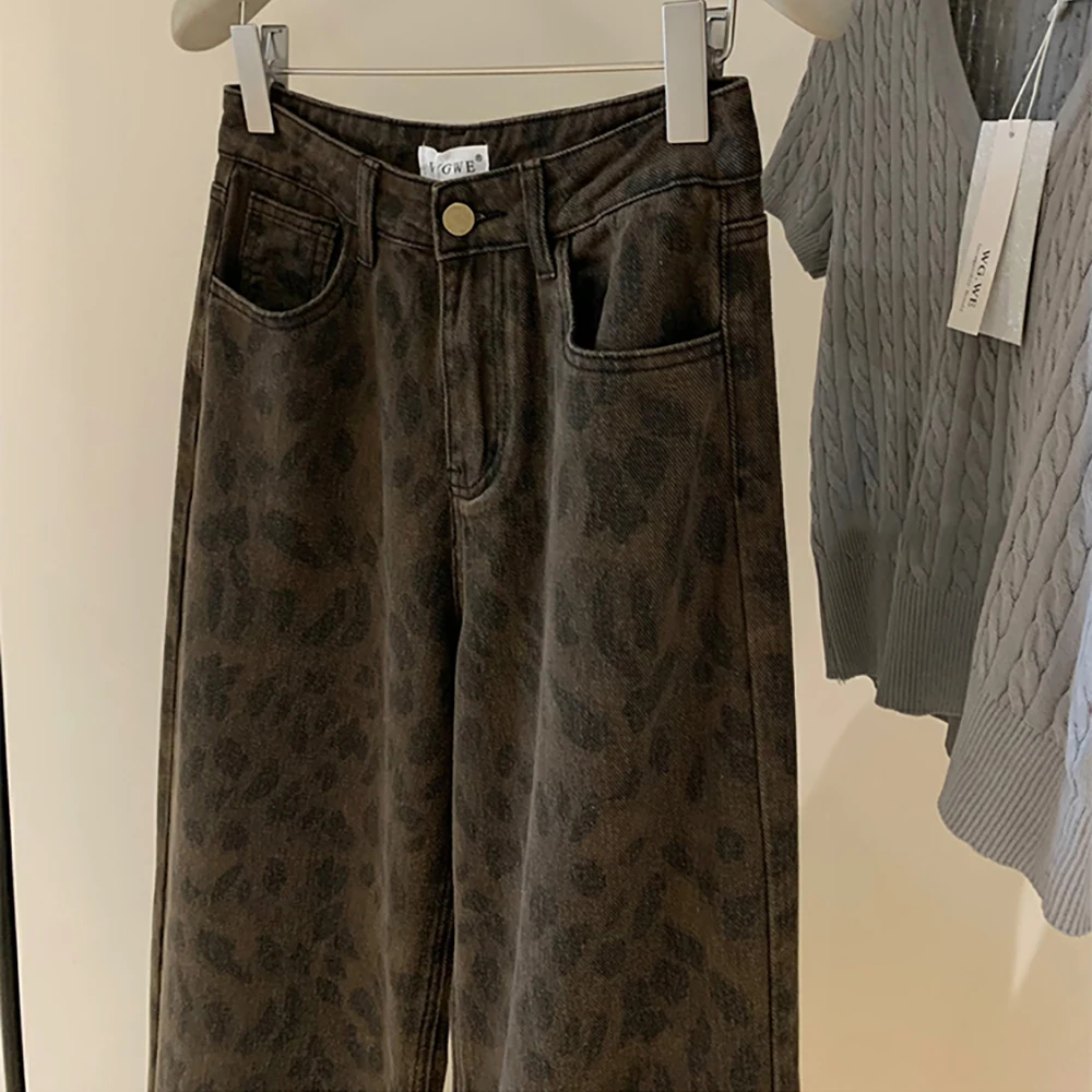 

Большие широкие женские джинсы с леопардовым принтом в стиле ретро, модные прямые свободные джинсовые брюки с высокой талией, уличная одежда, новинка 2025 года, полные брюки