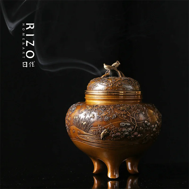 Japanese Xiquan Tang Gaogang Bronze Ware Flower and Bird Incense Burner Painted Famous Murata Hongzuo Ornaments