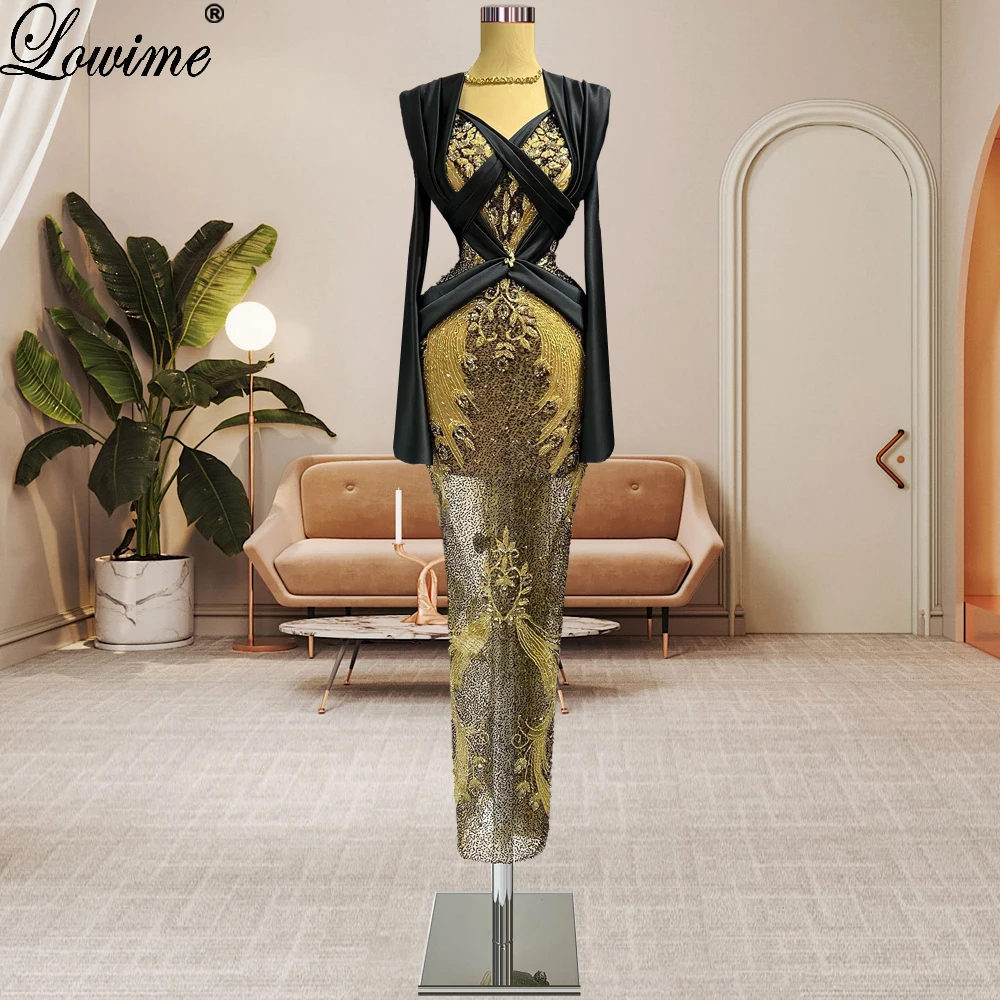 

Heavy Handmade Black And Gold Evening Dresses Mermaid Tea-Length Celebrity Dresses For Women Wedding Party Gowns فستان سهرة
