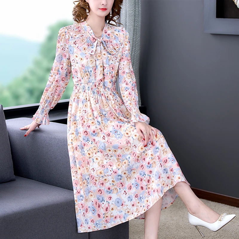 

Spring Summer Pink Floral Chiffon Bow Collar Midi Dress Women Kroean Fashion Beach Sundress 2023 New Elegant Bodycon Party Dress