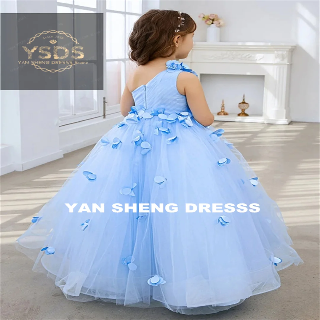 Customized Flower Girl Dresses Sky Blue Petals And Flowers Single Sleeveless For Wedding Birthday Party Banquet Princess Gowns