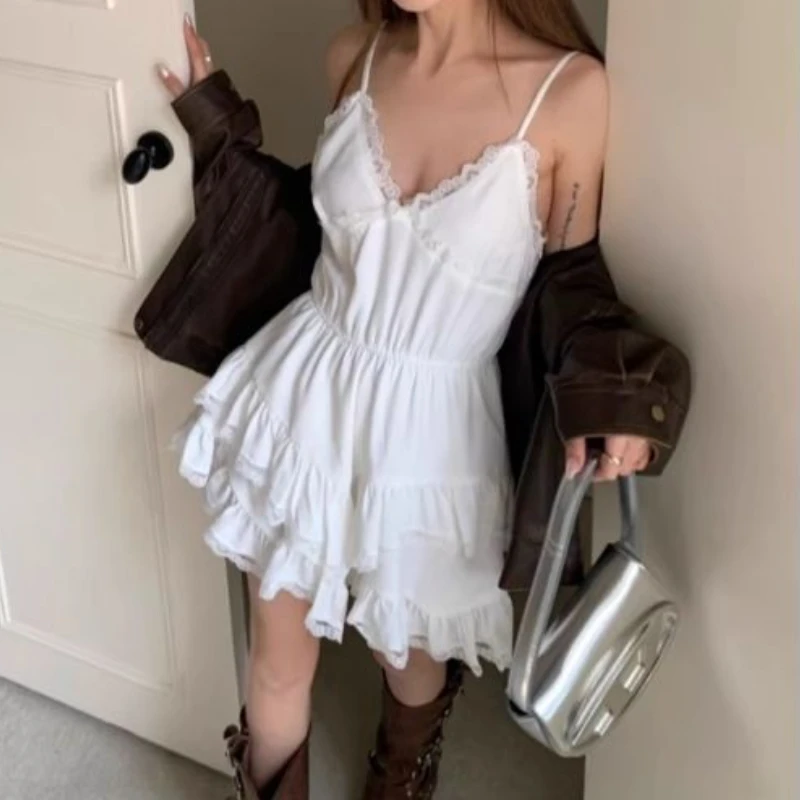 

Deeptown White Lace Mini Dress Women Korean Sweet Sexy One Piece Sleeveless Coquette Aesthetic Elegant Party Short Dresses Y2k