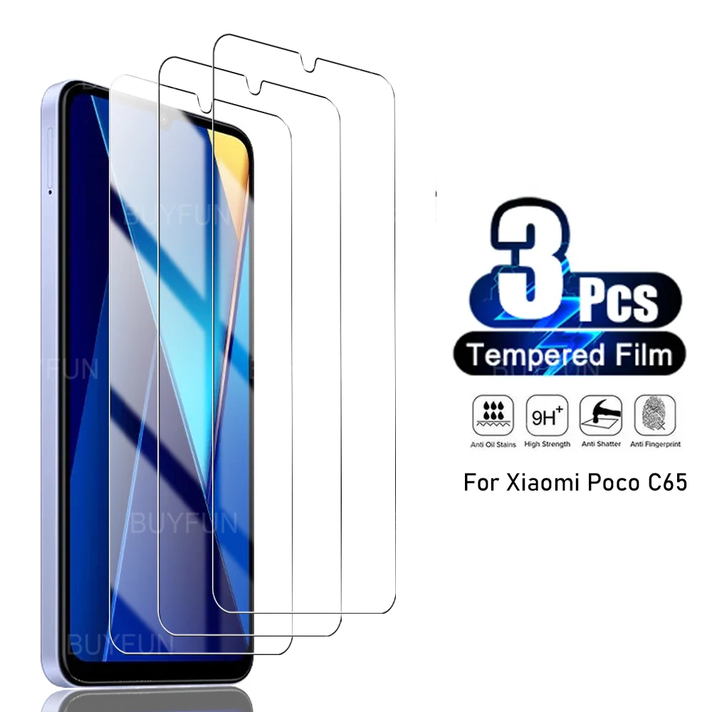 3Pcs For Xiaomi Poco C65 Transparent Tempered Glass PocoC65 C 65 65C Front Ultra Thin Screen Protector HD Clear Protective Film