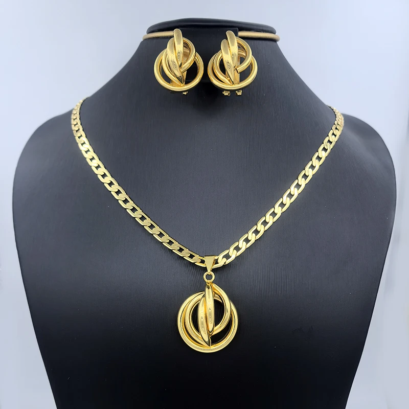 Necklace And Earring Set 24k Gold Plated Jewelry Sets African Woman Dubai Geometric Pendant Wedding Party Accessories