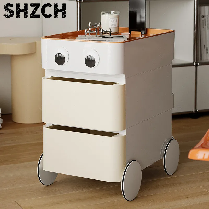 Designer Movable Nightstand Bedside Cabinet - Modern Push Cart Storage Unit for Small Spaces Compact Bedroom Organizer
