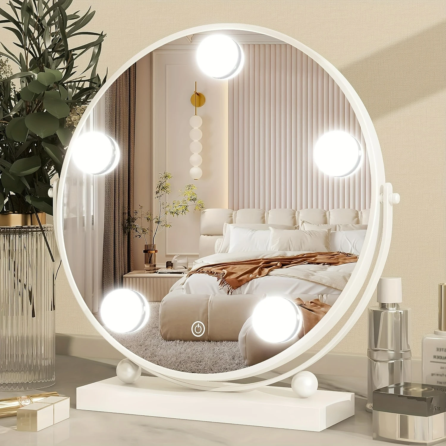 

[Stylish and Elegant Round LED Makeup Mirror - 13-Inch, Dimmable Lighting, Smart Touch - Ideal for Bedroom Tabletop]