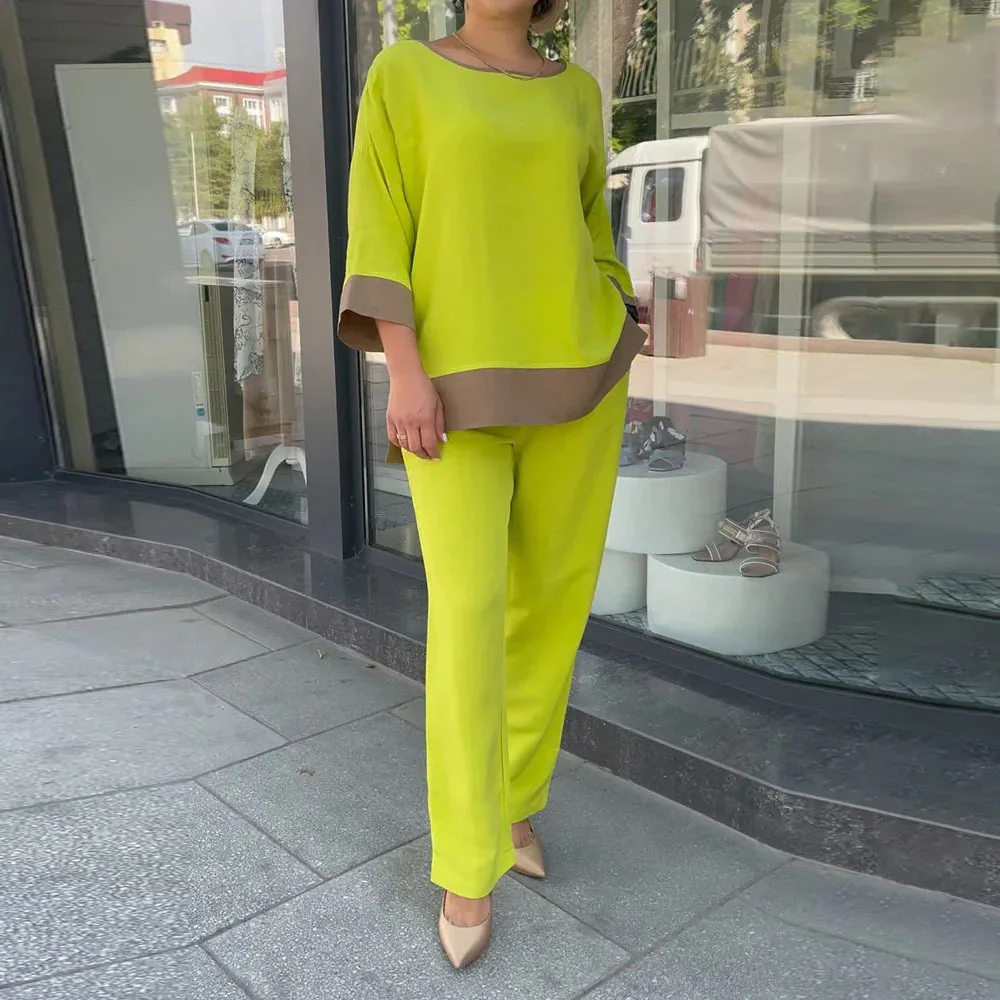 

Summer Fashion Solid Color 2Piece/Set 2024 Women's Tops Trousers Set Round Collar Quarter Sleeve Solid Color Loose Wide Legs Set