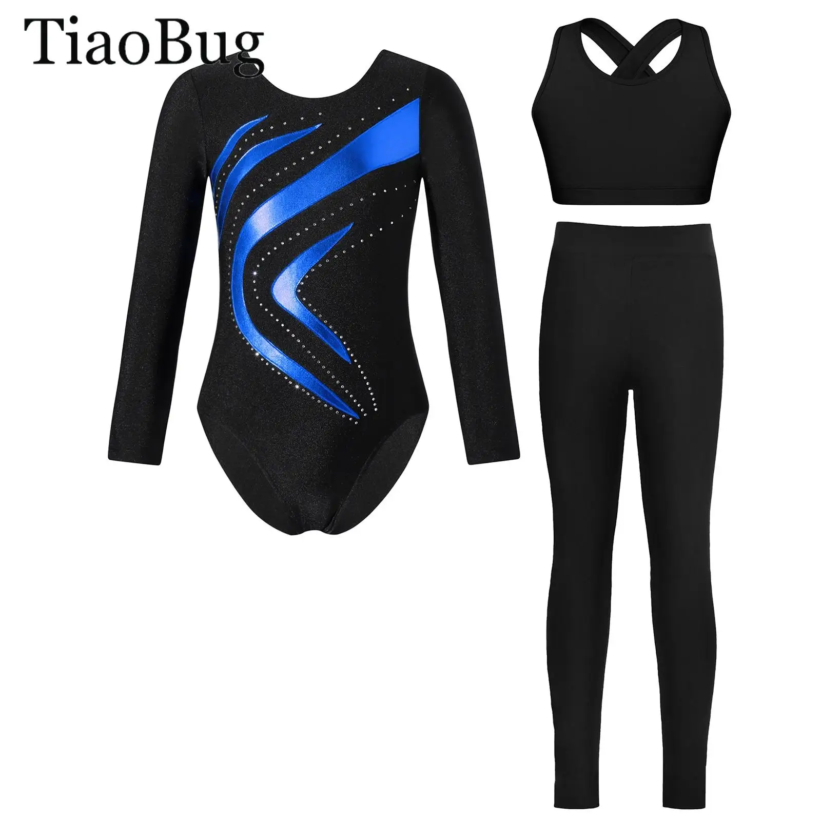 

Спортивный гимнастический костюм из 3 предметов для девочек, комбинезон для балета и катания на коньках, боди с длинными рукавами и стразами, металлический трико + жилет + леггинсы