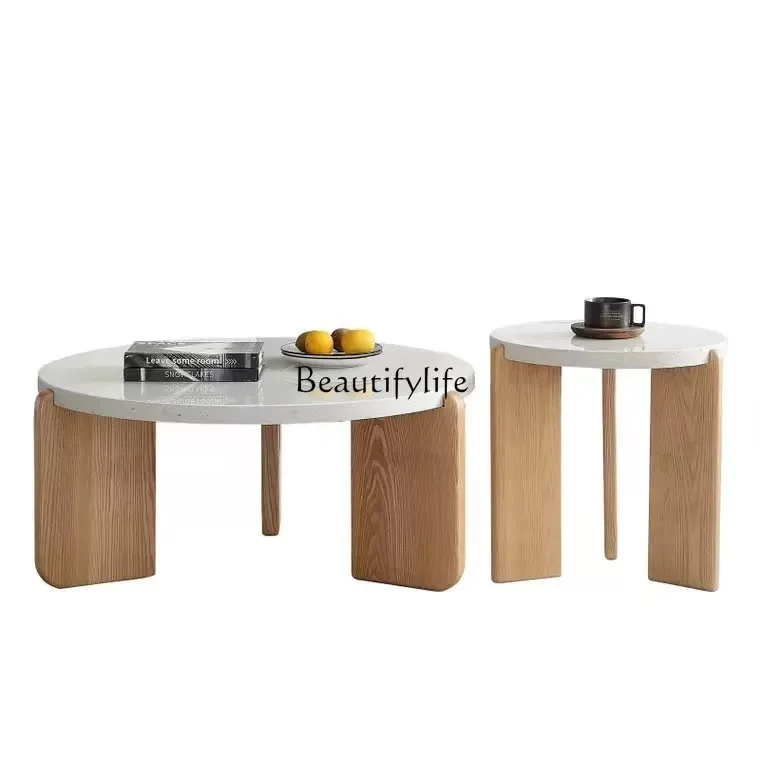 

FG40Minimalist terrazzo coffee table round solid wood wabi-sabi wind Nordic modern living room
