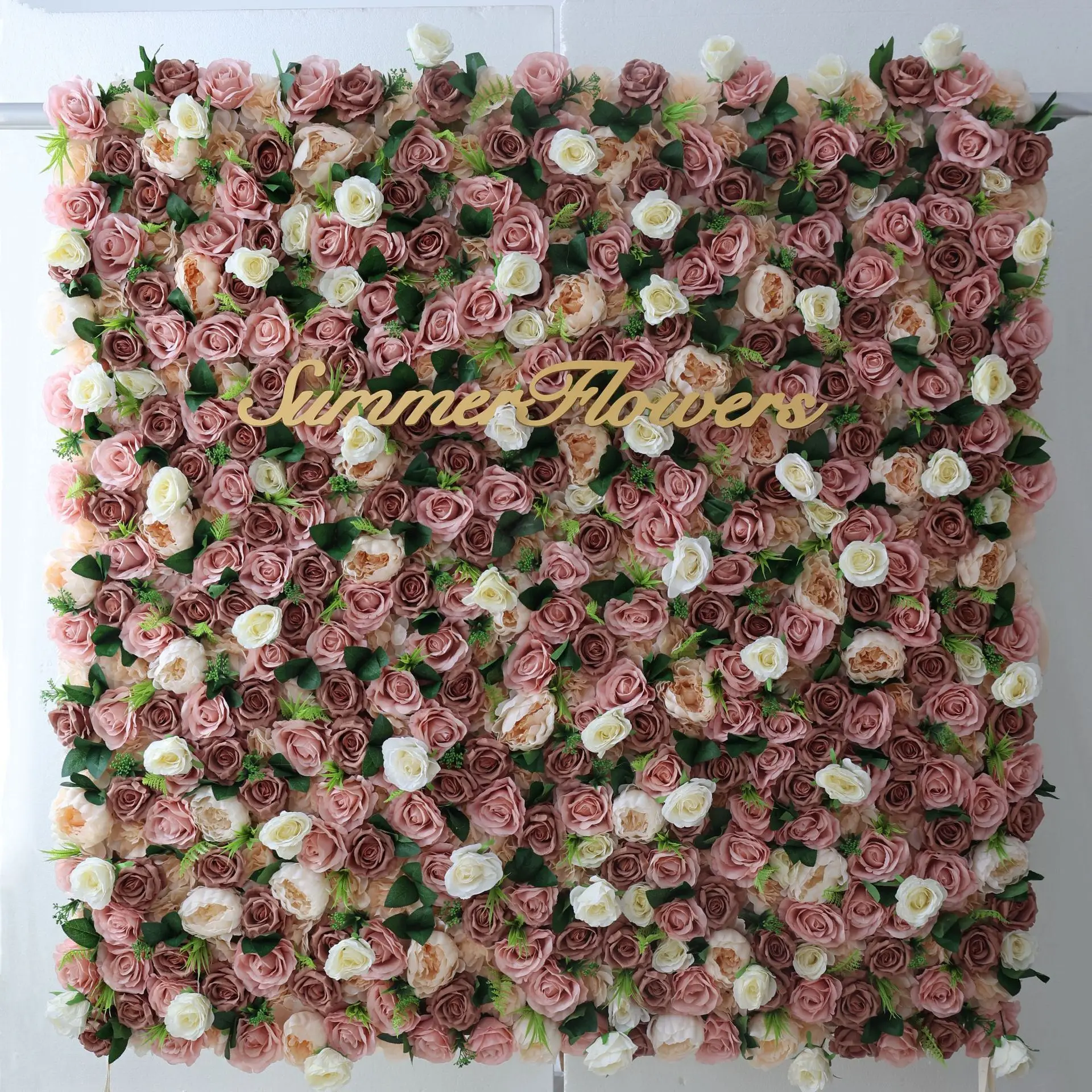 3D luxury Champagne pink white rose Peony green leaf artificial plant flower wall fabric Outdoor wedding background decoration