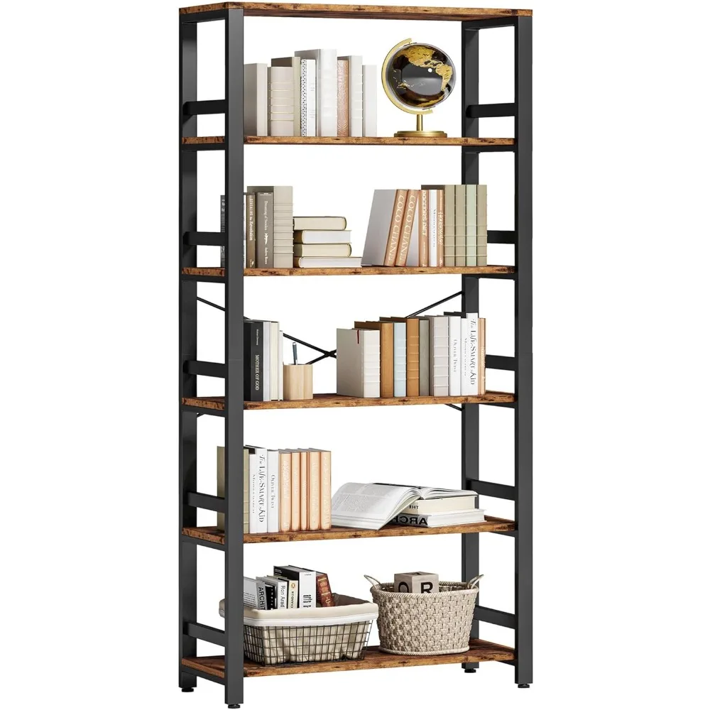 Bookshelf, 31.5in Wide Shelf 6 Tier Bookcase, 110lbs/shelf Vintage Industrial Style Bookshelves for Bedroom, Living Room and Ho