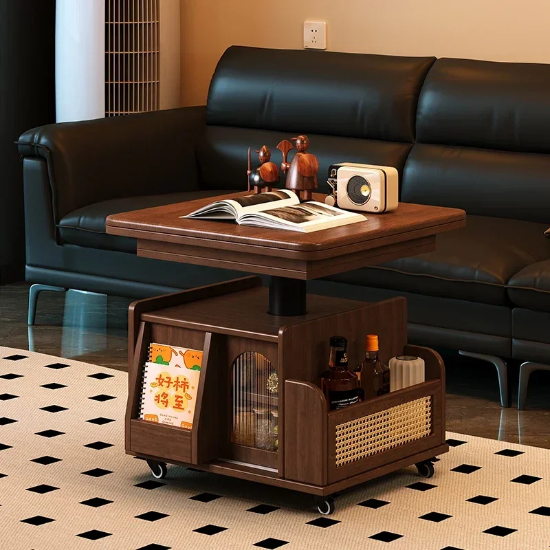 Lifting coffee table folding mobile cart, solid wood, small apartment living room multi-functional sofa dining table