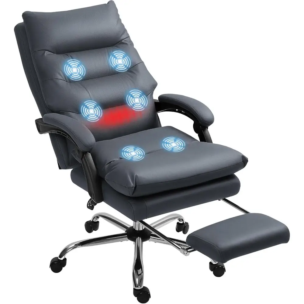 Executive Massage Office Chair with Heated Recline, Footrest, Double-Tier Padding, Swivel Wheels, Gray