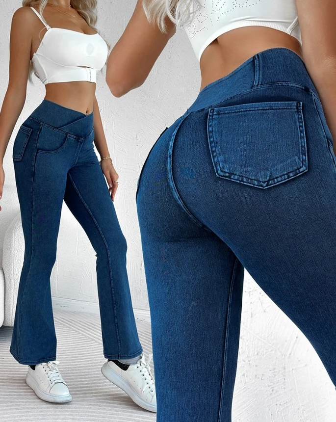 

Sporty Women's Flared Jeans 2024 Pocket Design High Waist Denim Baggy Wide Leg Pants Slim Fit Sports Leggings Y2K Clothes