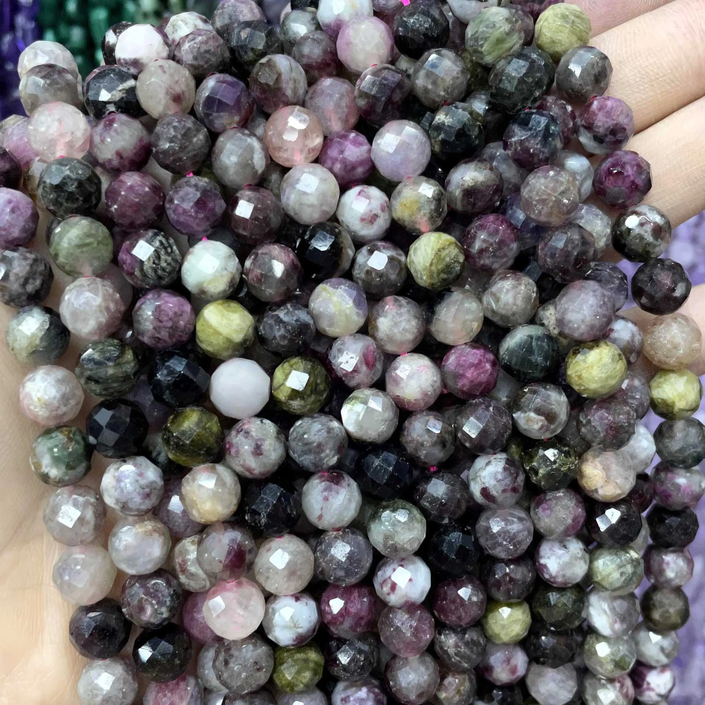 6/8/10MM Natural Gem Stone Faceted Colorful Tourmaline Round Spacer Beads For Jewelry Making DIY Bracelet Necklace 7.5''inches