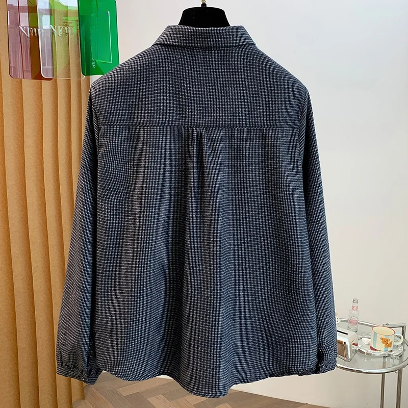 Women's Loose Fit Plaid Shirt Korean Style Spring Autumn New Arrival Fleece Lined Open Cardigan Breathable Cotton Blend