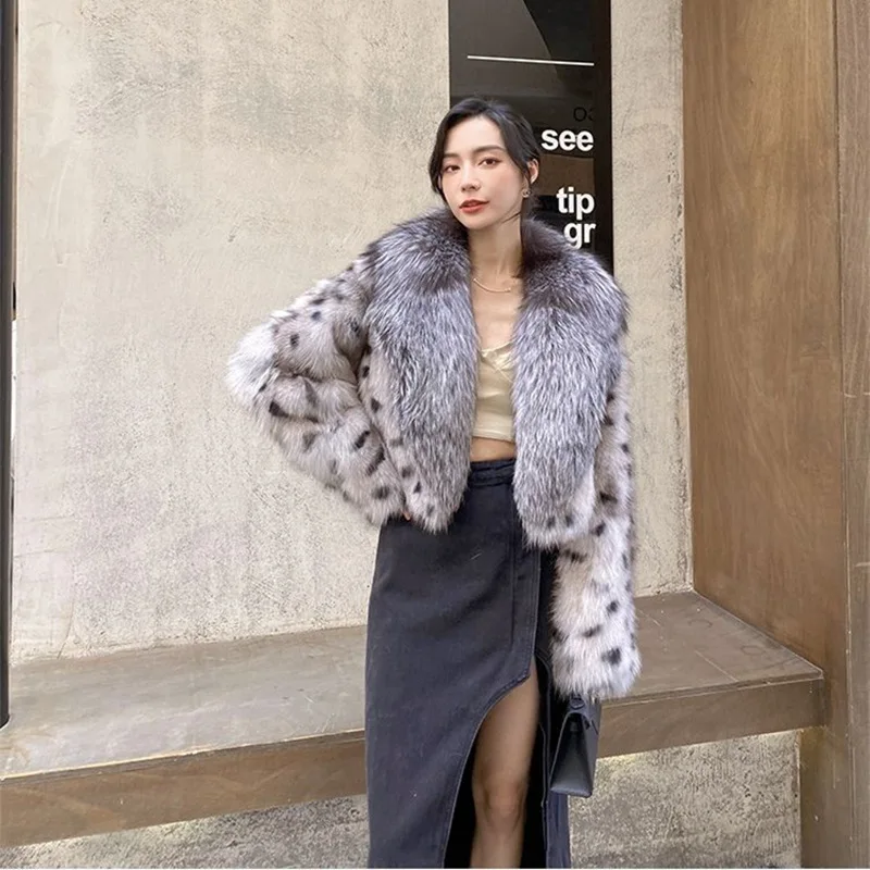 Winter Warm Open Stitch Loose Plush Jacket Women Faux Fox Fur Black White Dot Leopard Coat Ladies Thick Short Big Neck Overcoat