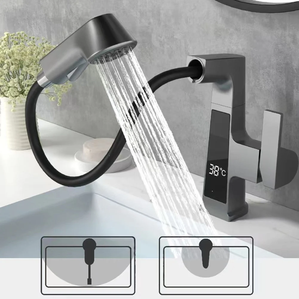 

Faucet Dual-mode Lifting And Lowering Digital Temperature Display Faucet With° Rotation Single Handle Shower Water Spray