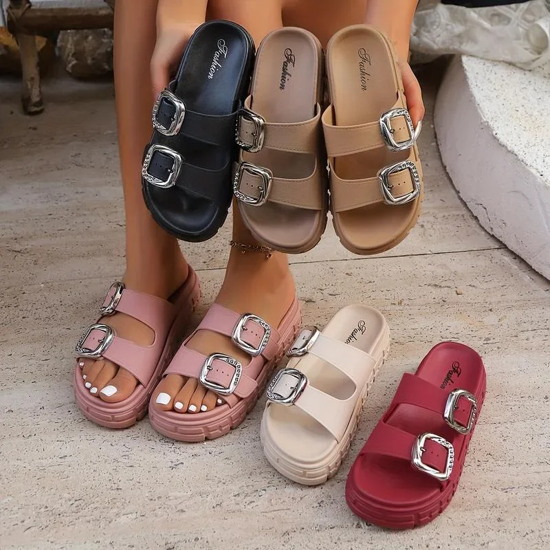 

Ladies' Fashion Thick Soled Sandals Adjustable Straps Leather Buckle Flip Flops Summer Outdoor Beach Commuting Women's Shoes
