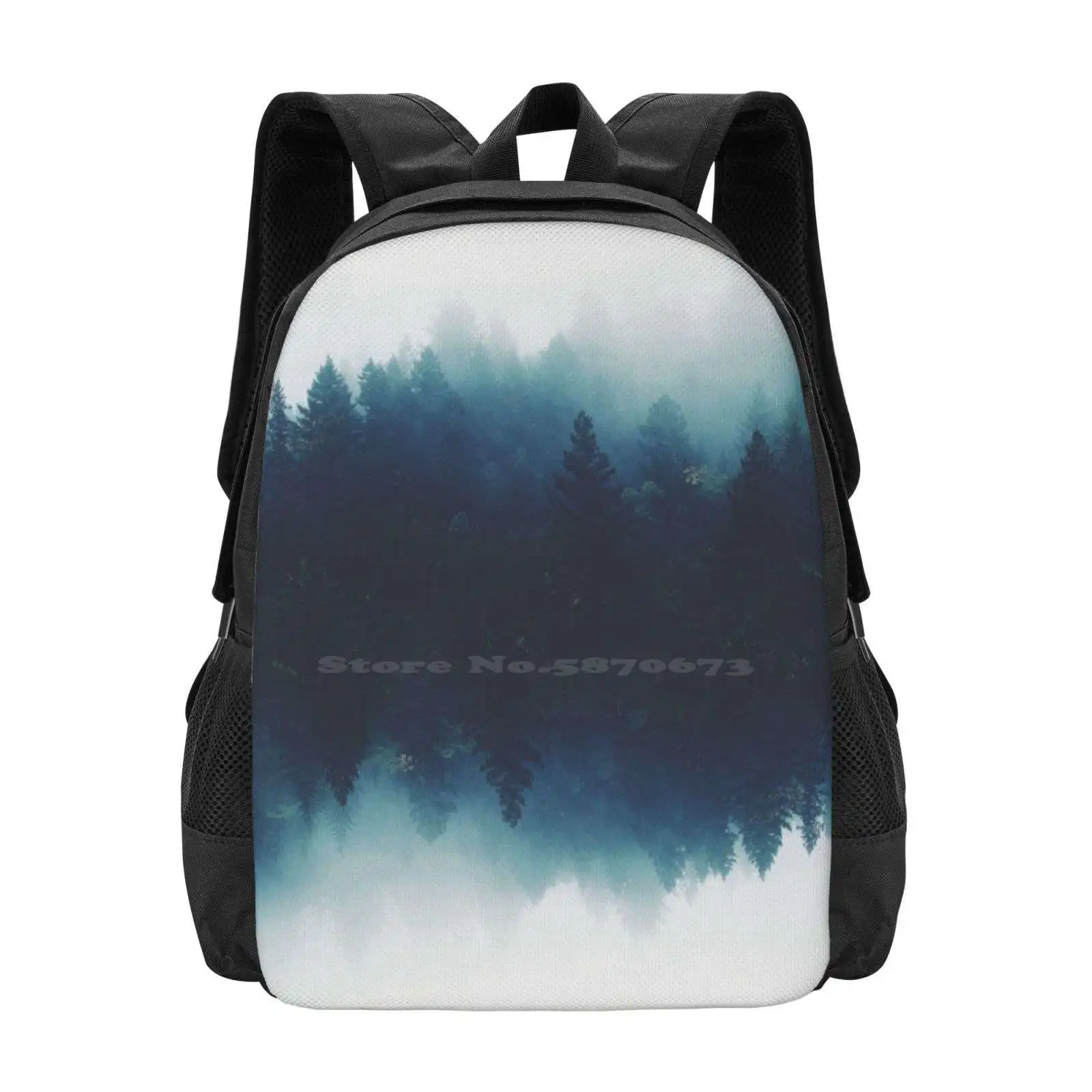 Juxtapose 3D Print Design Backpack Student Bag Pine Trees Upside Down Graphic Forest Fog Urban Surreal Digital Manipulation