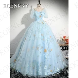 Blue Puff Sleeves Prom Dresses Floral Embroidery A Line Tulle Sweetheart Neck Evening Formal Occasion Dress vestidos de gala