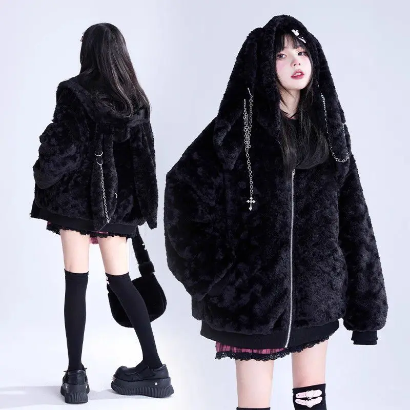 Women Plush Faux Fur Coat Rabbit Ear Hooded Oversized Coat Chain Cross Pendant Dark Sweet Gothic Y2K Streetwear Winter Jacket