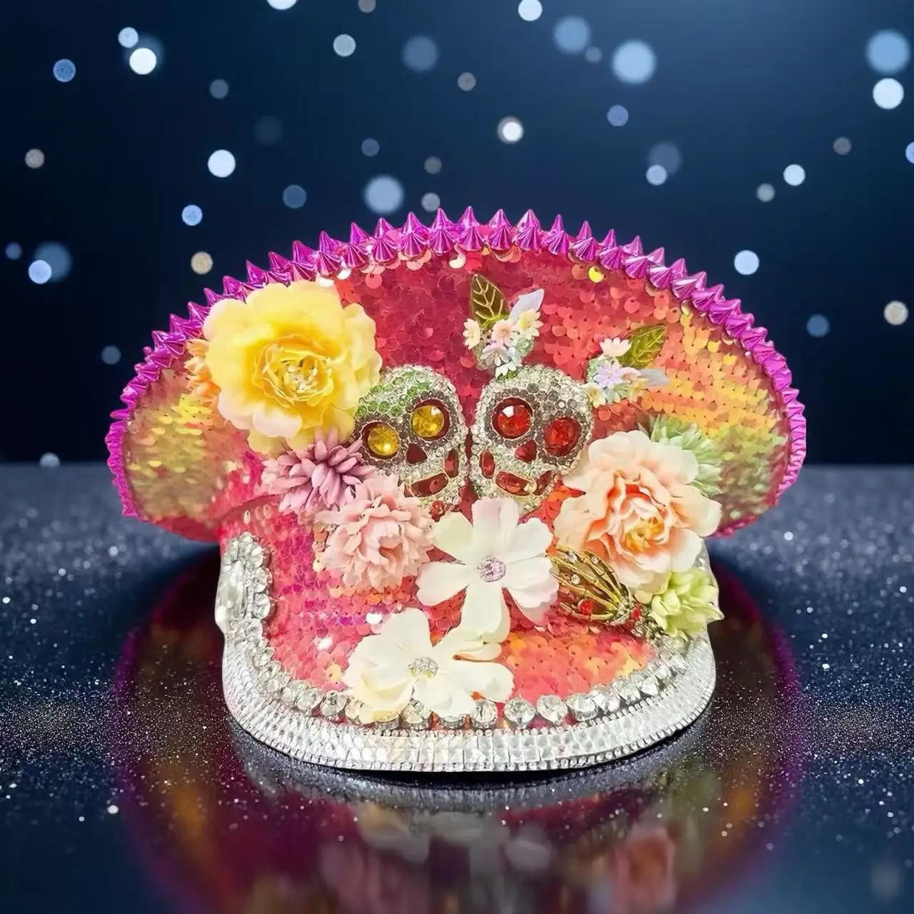 ホンルアン イエローレーザーレザーループキャプテンハット ラインストーン＆ミリタリーキャップ 女性用、レイブフェスティバルアクセサリー＆パーティーキャップ男性用