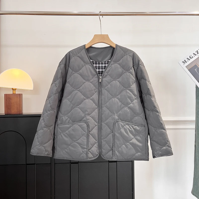 

Retro Duck down Jacket Women's Winter Coat Plain Pattern Rhombus Design Casual Style Warm Wool Filling Long Sleeve