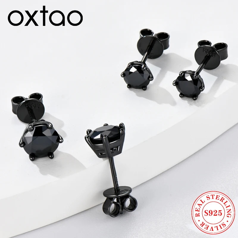 

OXTAO Real 925 Silver 6.5mm 5mm Black Moissanite Diamond Stud Earrings Personalized Women Men Piercing Earrings Fine Jewelry