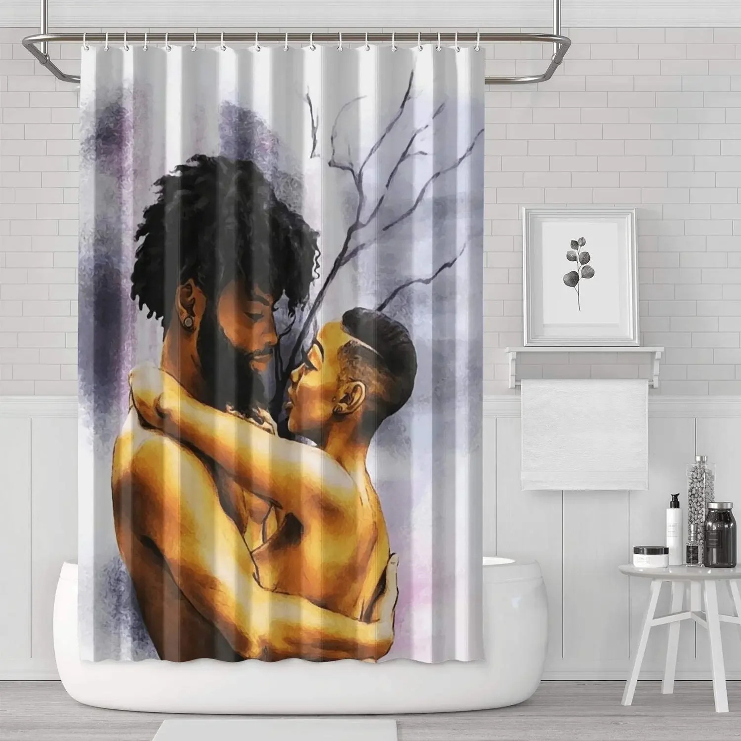 Polyester Dark-Skinned Black Art African American Lover Couple Shower Curtain Bedroom Decor