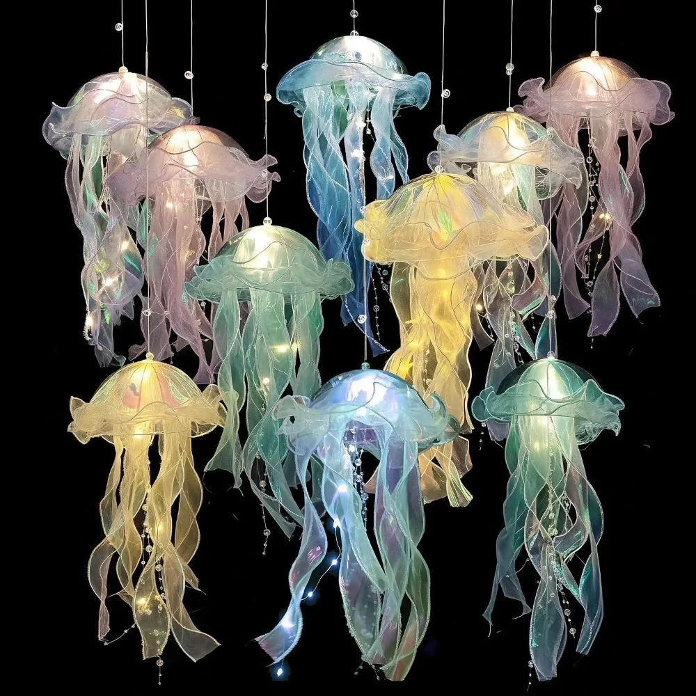 DIY Atmosphere Jellyfish Night Light Button Battery Hanging with Ribbon&Bead LED Bulbs Ceiling Bedroom Decoration Lamp Mermaid
