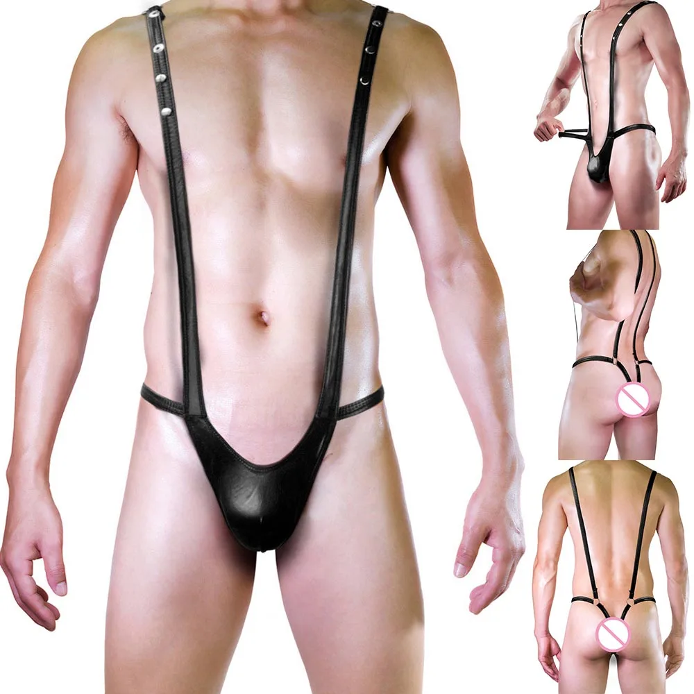 Fashionable Y Shaped Suspender Underwear with Adjustable T Back Thong and Bulge Pouch for Men in Synthetic Leather