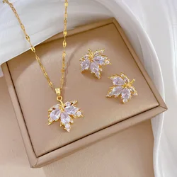 Yupsk Elegant AAA Zirconia Maple Leaf Pendant Necklace for Women Fashion Stainless Steel Chain Earring Necklace Jewelry Gift